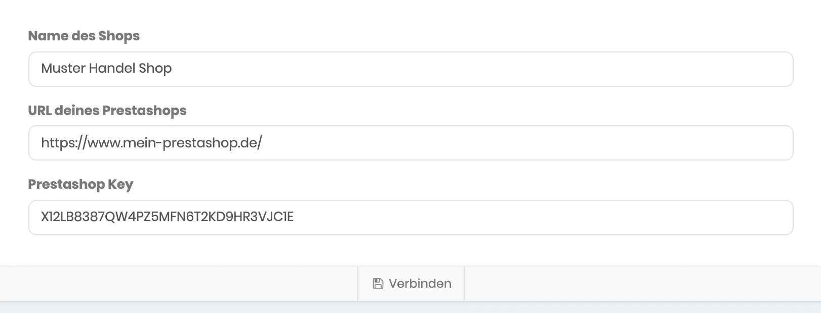 Formular zum Verbinden eines PrestaShops mit Name des Shops, URL und Prestashop Key