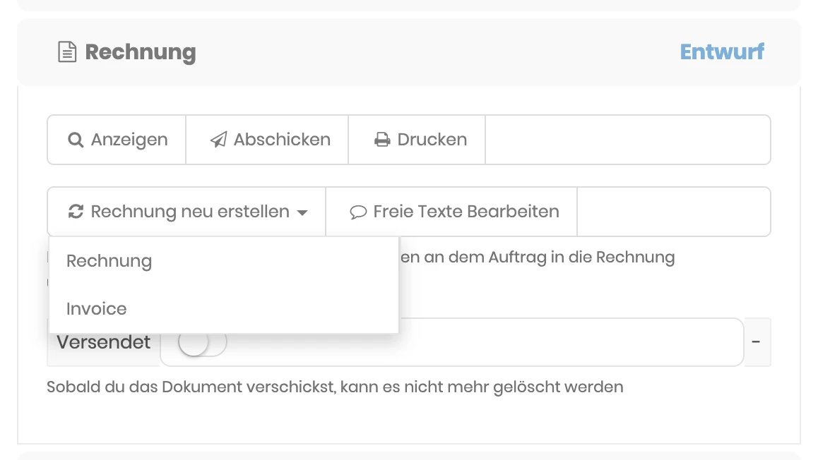 Bereich Rechnung im Reiter Dokumente mit geöffnetem Menü Rechnung neu erstellen und den Layouts Rechnung und Invoice
