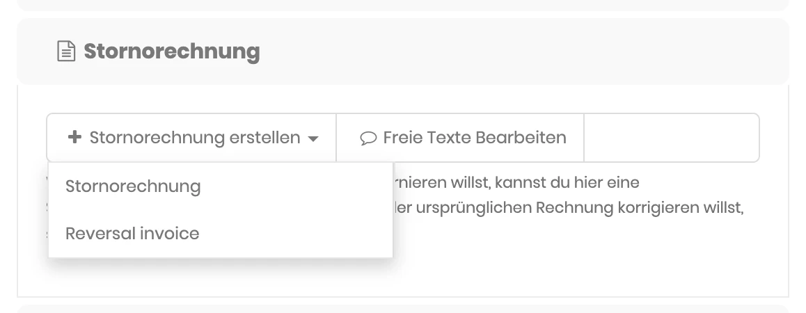 Bereich Stornorechnung im Reiter Dokumente mit geöffnetem Menü Stornorechnung erstellen