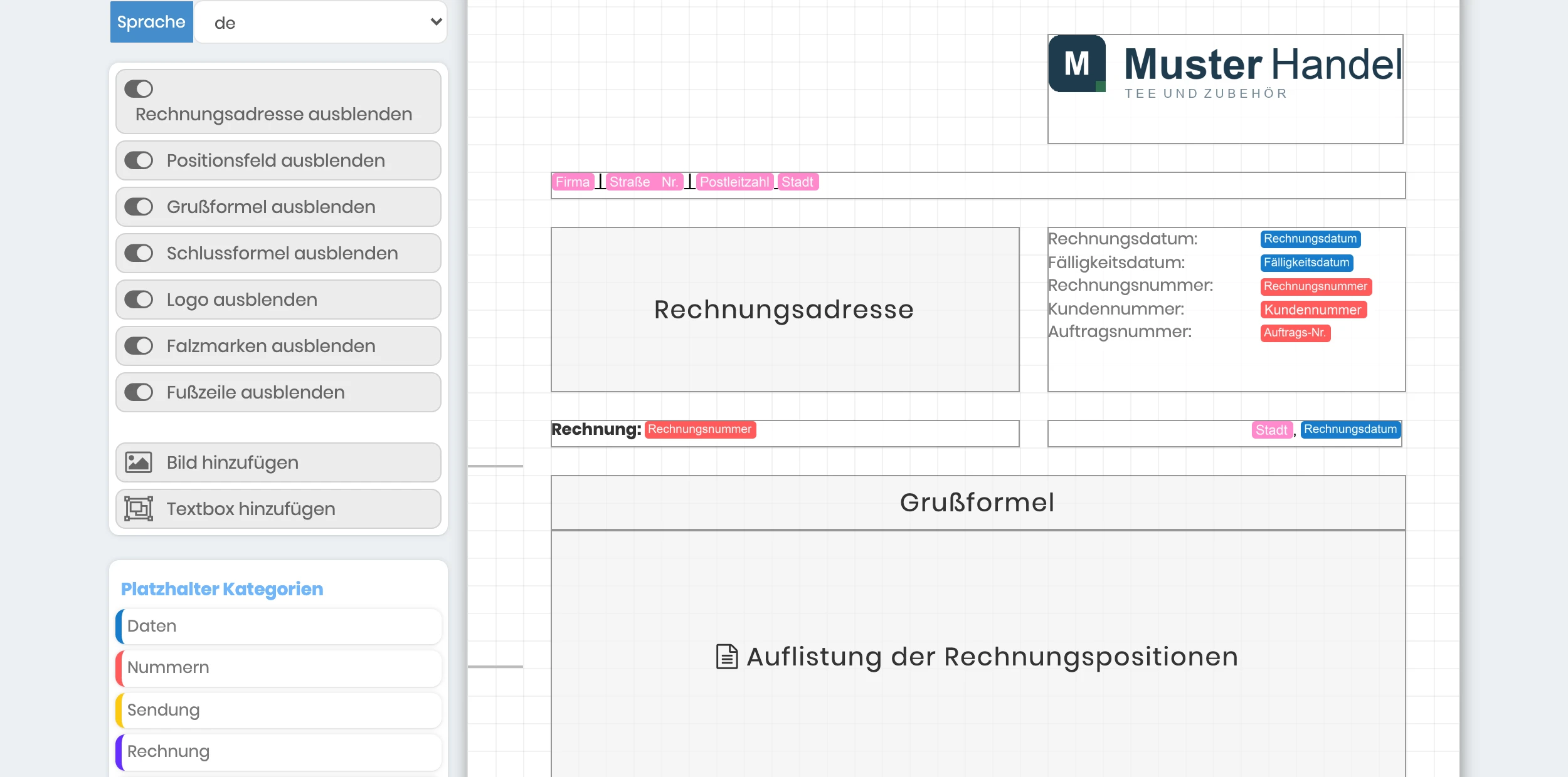 Layout-Editor mit den Schaltern links und dem Blatt mit den Boxen rechts