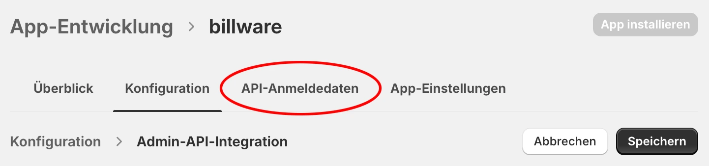 API-Anmeldedaten der App mit dem Knopf App installieren