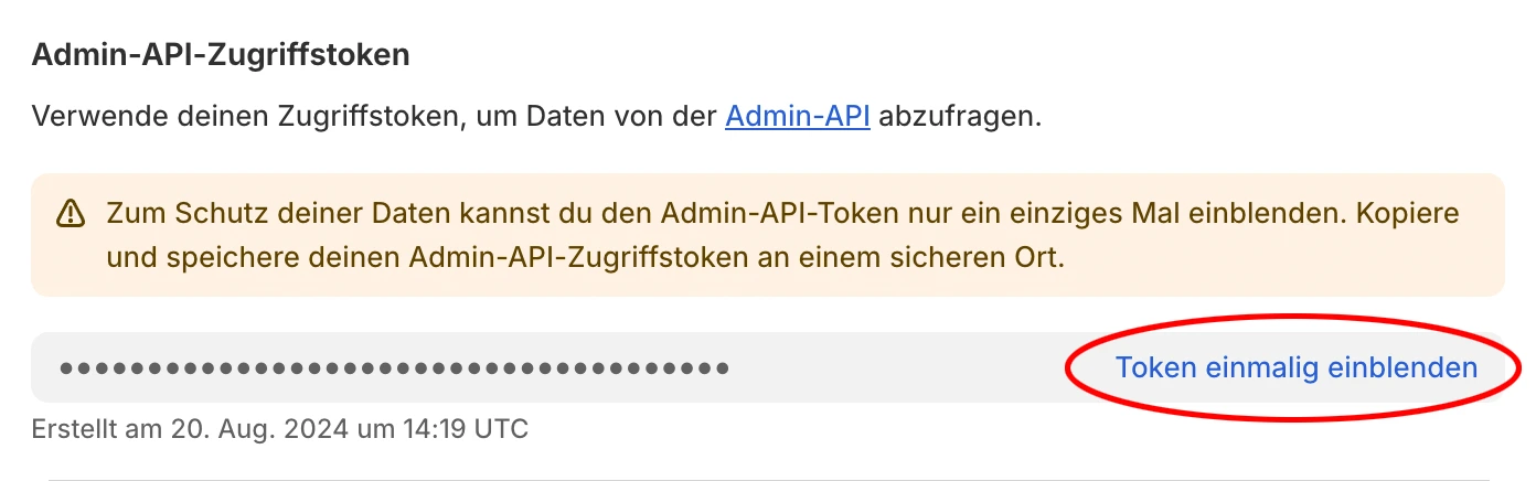 Admin-API-Zugriffstoken mit dem Link Token einmalig einblenden