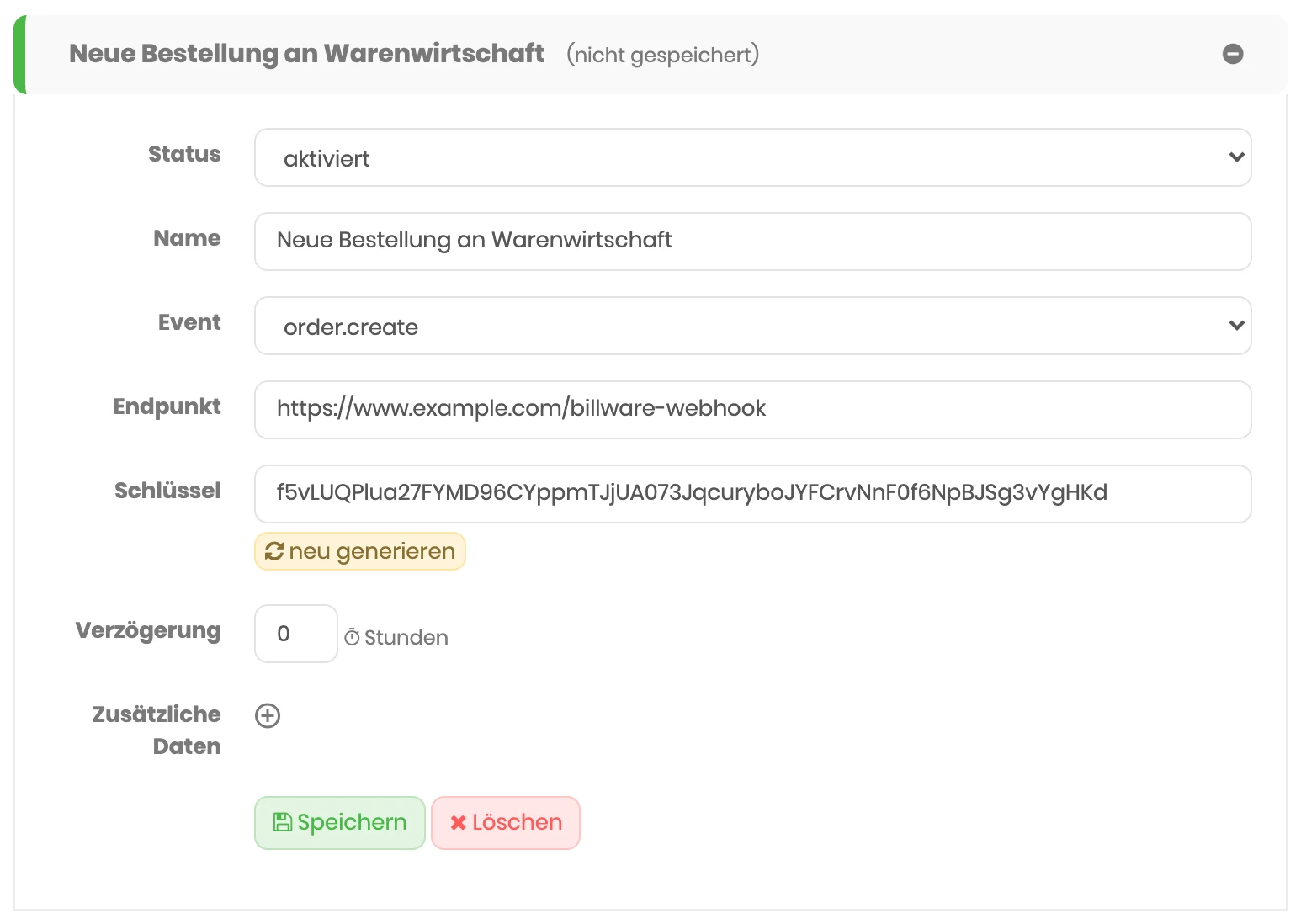 Neuer Webhook in billware mit Status aktiviert, Name, Event order.create, HTTPS-Endpunkt, generiertem Schlüssel, Verzögerung in Stunden und Zusätzliche Daten