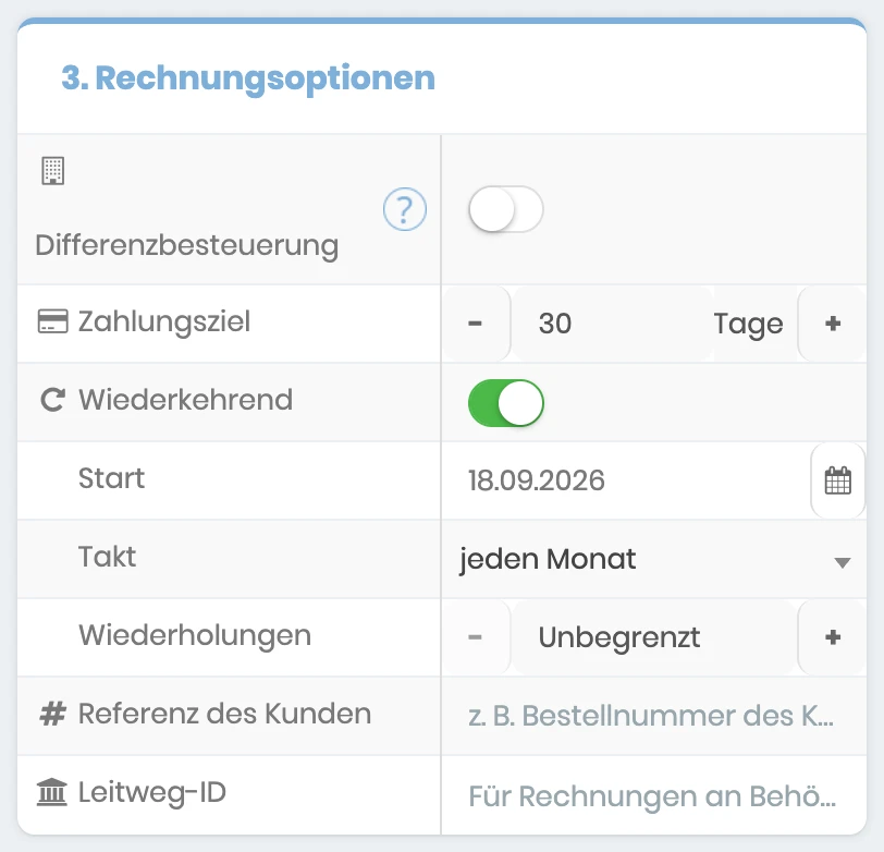 Rechnungsoptionen eines Auftrags mit eingeschalteter Option Wiederkehrend, Start, Takt und Wiederholungen