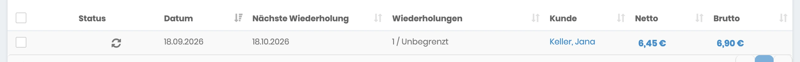 Übersicht der wiederkehrenden Aufträge mit nächster Wiederholung und Zähler