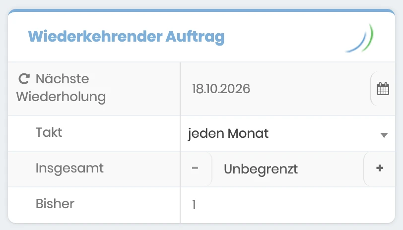 Bereich Wiederkehrender Auftrag mit nächster Wiederholung, Takt, Insgesamt und Bisher