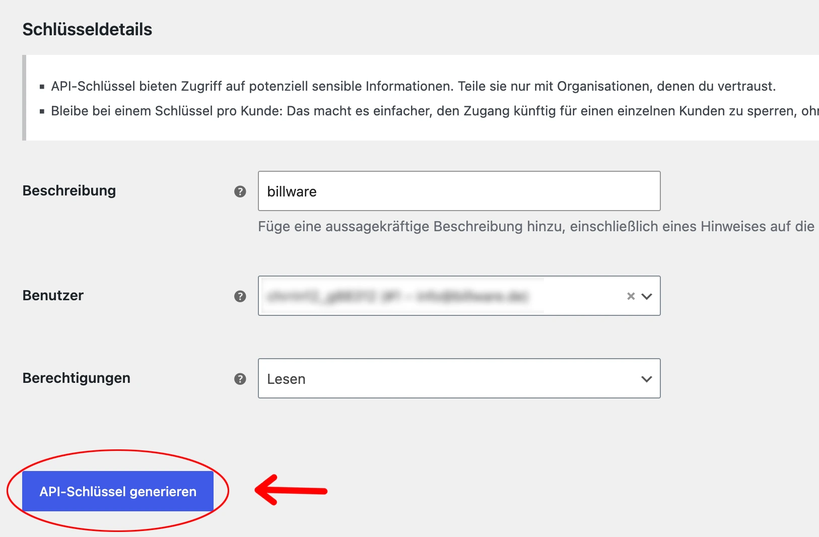Formular für einen neuen API-Schlüssel mit Beschreibung, Benutzer und Berechtigung Lesen