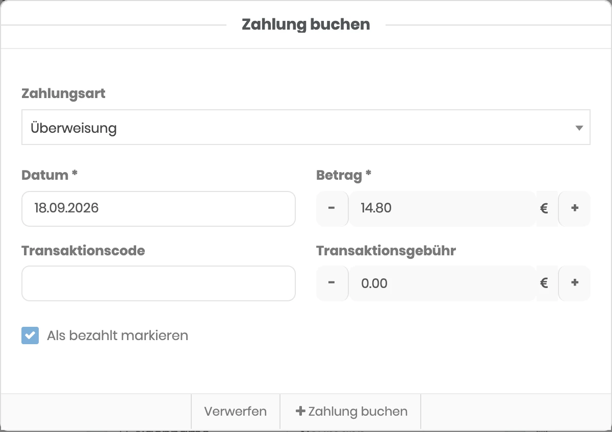 Fenster zum Buchen einer Zahlung mit Betrag, Datum und Zahlungsart