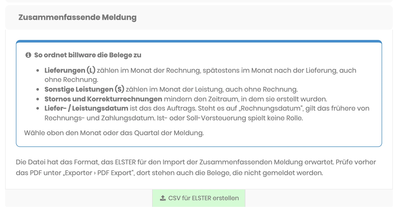 Bereich Zusammenfassende Meldung auf der Seite CSV Export mit dem Button CSV für ELSTER erstellen