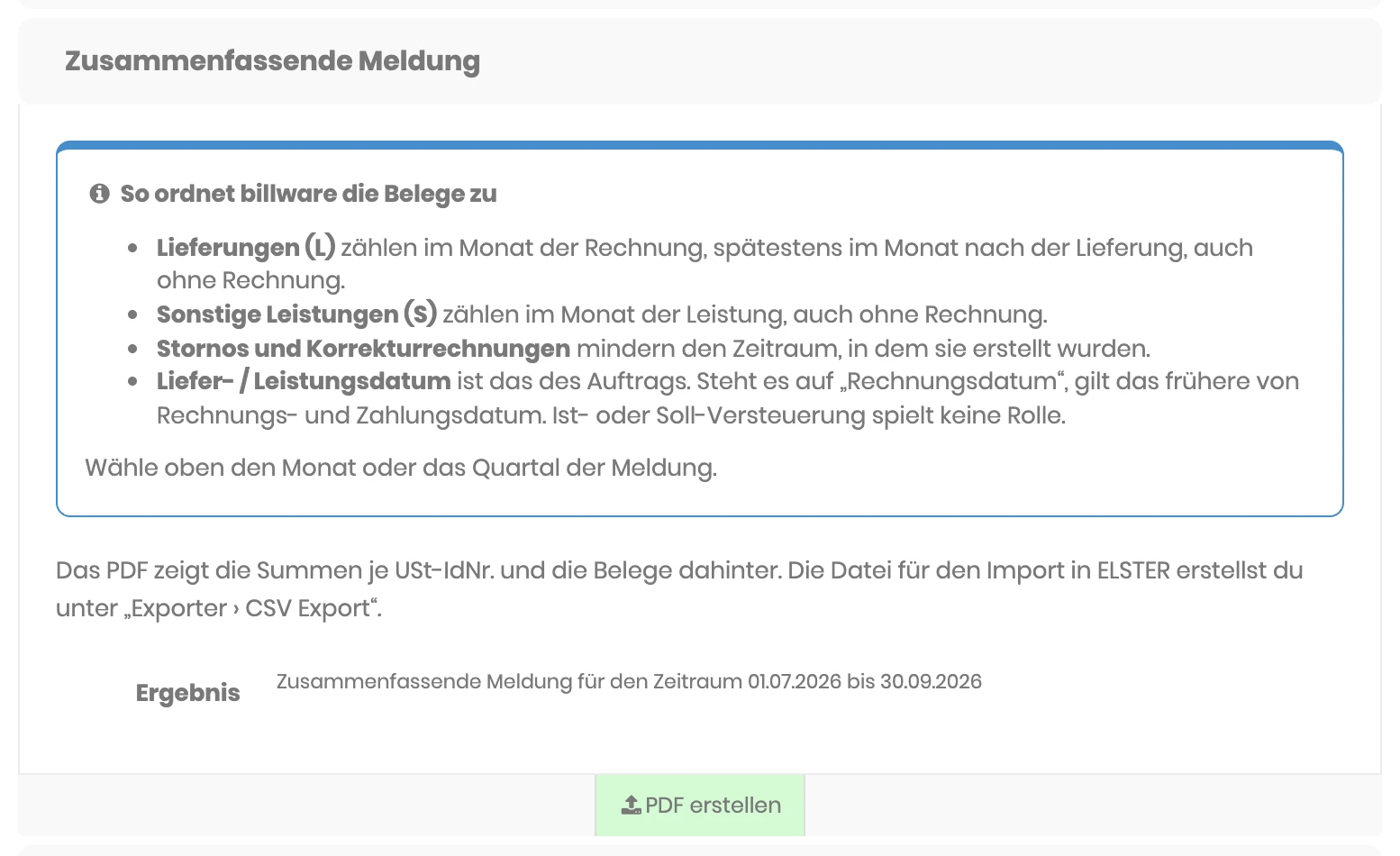 Bereich Zusammenfassende Meldung auf der Seite PDF Export mit dem Hinweis zur Zuordnung und dem Button PDF erstellen