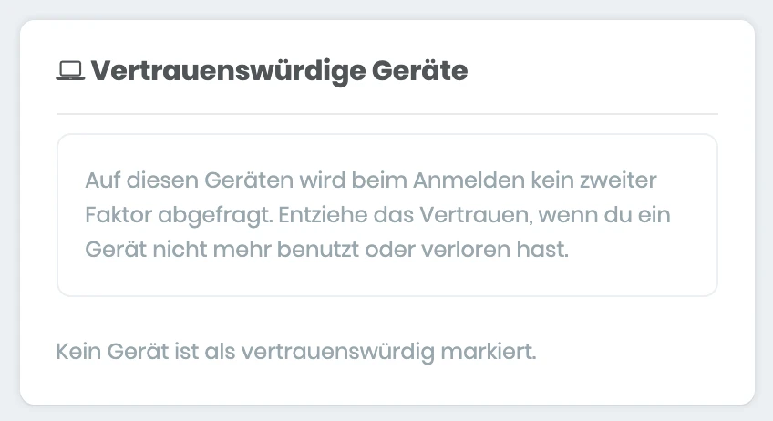 Bereich Vertrauenswürdige Geräte im Admin Account, noch ohne gemerktes Gerät