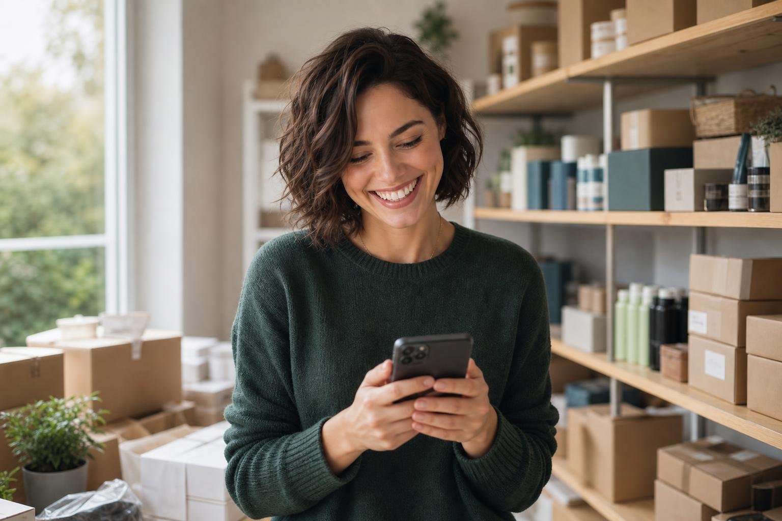 Online-Händlerin prüft eine Bestellung am Smartphone zwischen ihren Paketen