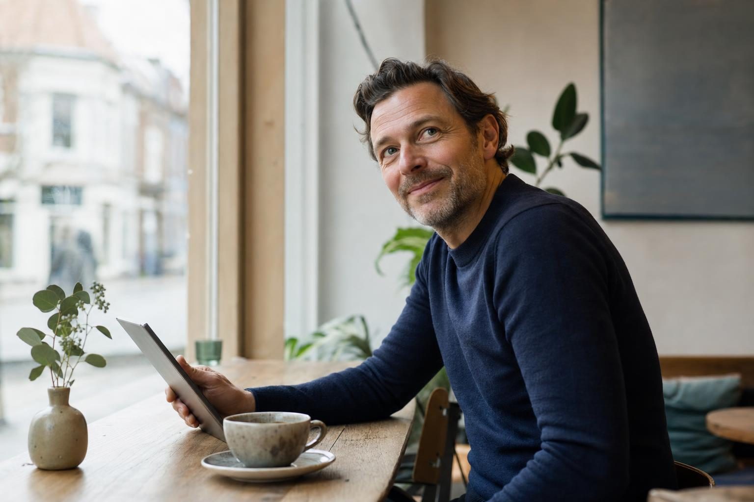 Selbstständiger Berater mit Tablet am Fenster eines Cafés