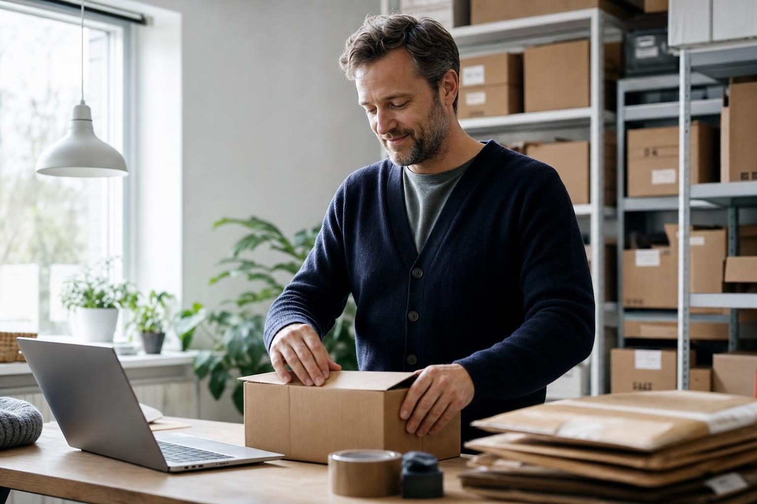 Online-Händler verschließt ein Paket an seiner Packstation