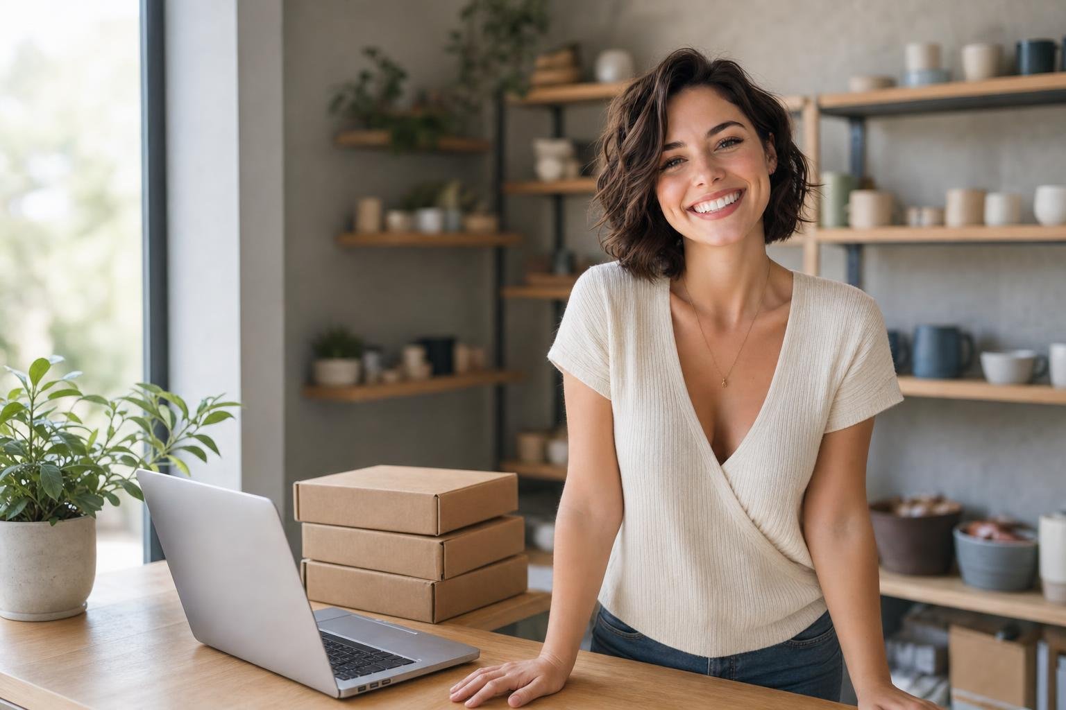 Inhaberin eines kleinen Ladens am Tresen mit Laptop und Paketen