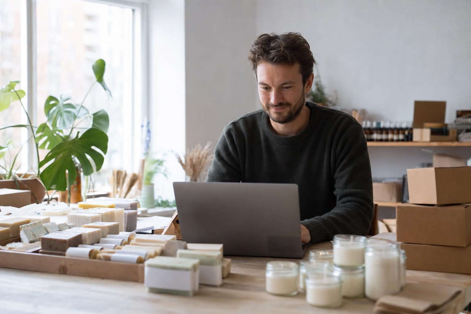 Hersteller prüft am Laptop eine Bestellung in seiner Werkstatt