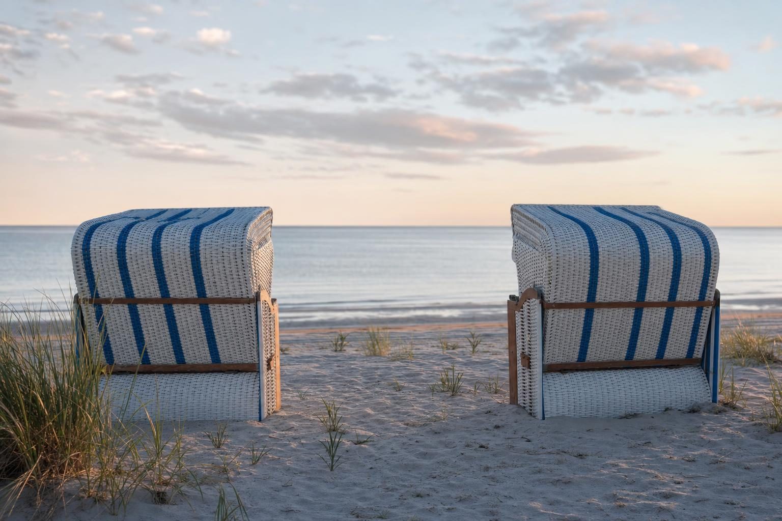 Zwei blau-weiße Strandkörbe am Nordseestrand im Abendlicht