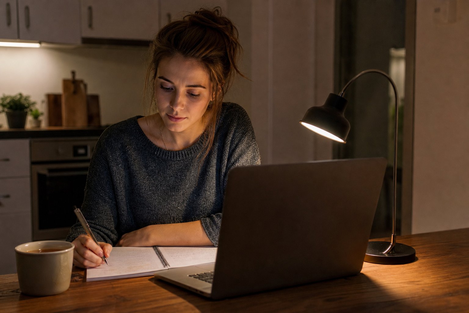 Frau arbeitet abends am Küchentisch mit Laptop und Notizbuch an ihrem Nebenerwerb