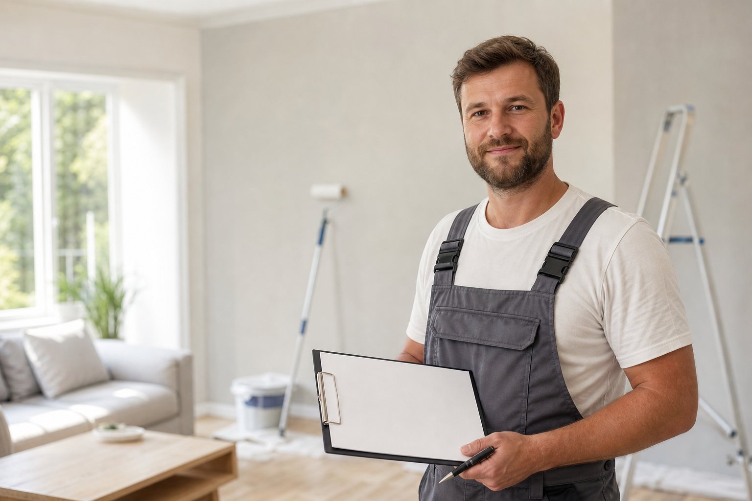 Handwerker mit Klemmbrett in einem frisch renovierten Wohnzimmer