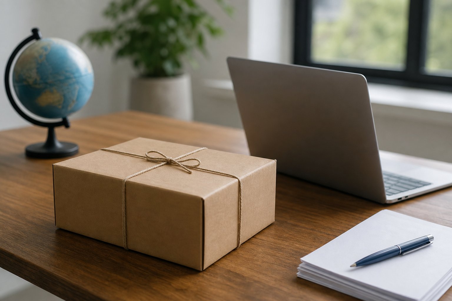 Versandfertiges Paket, Laptop und Globus auf einem Schreibtisch
