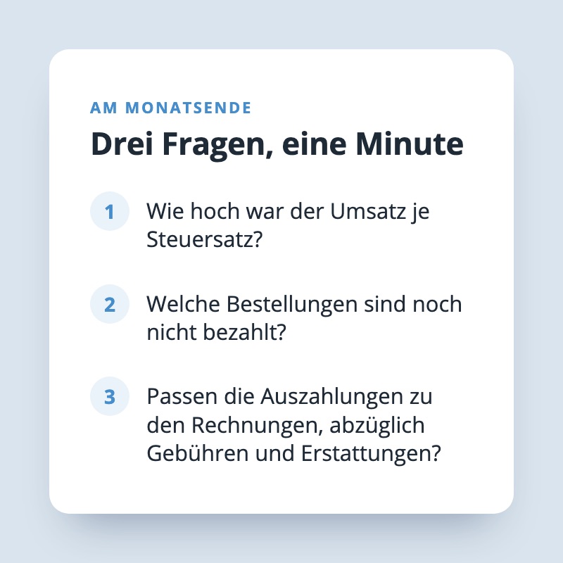 Drei Fragen am Monatsende: Umsatz je Steuersatz, offene Bestellungen und ob die Auszahlungen zu den Rechnungen passen