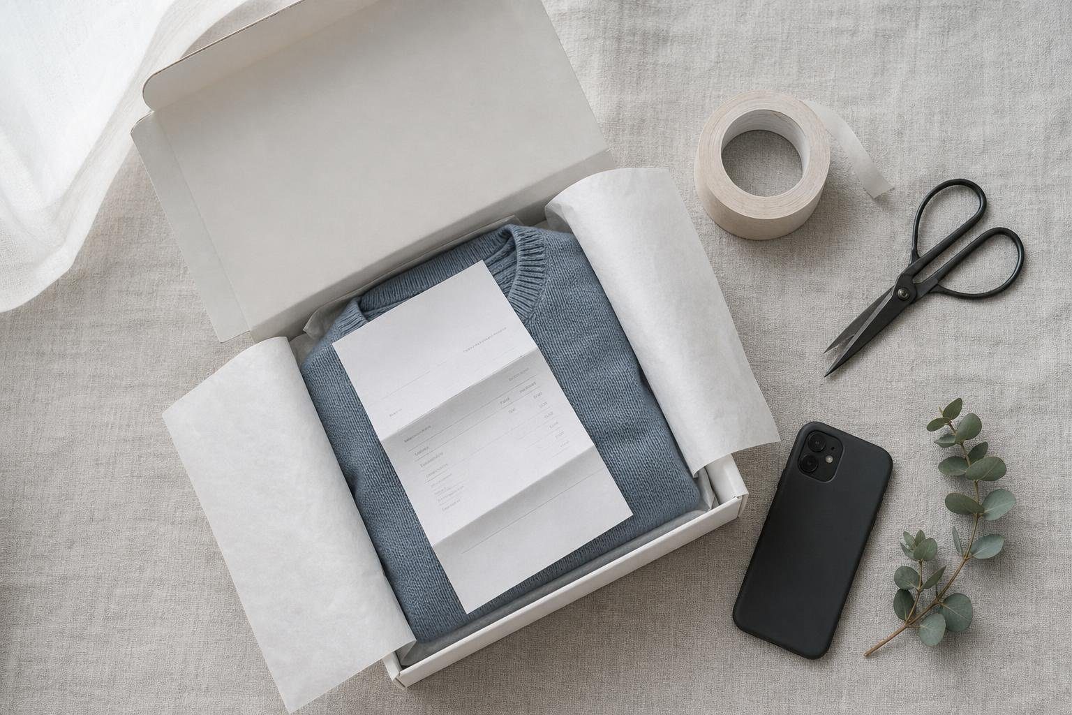 Offenes Versandpaket mit einem Pullover und einer gefalteten Rechnung obenauf