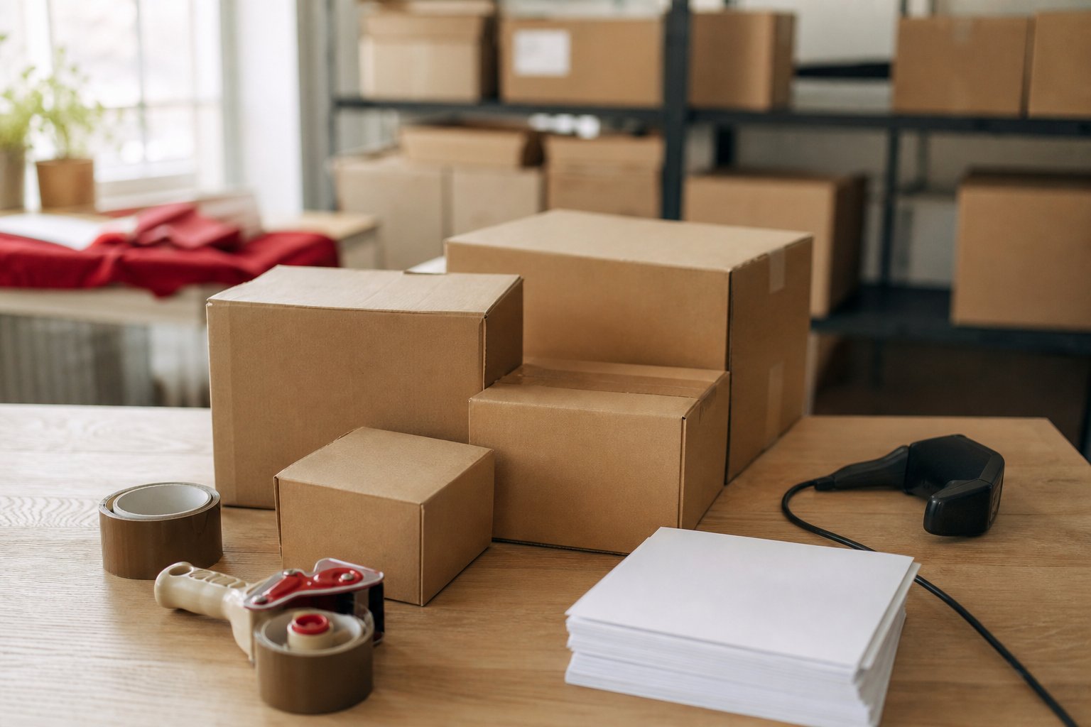 Packtisch mit versandfertigen Kartons, Klebeband, Papier und Handscanner