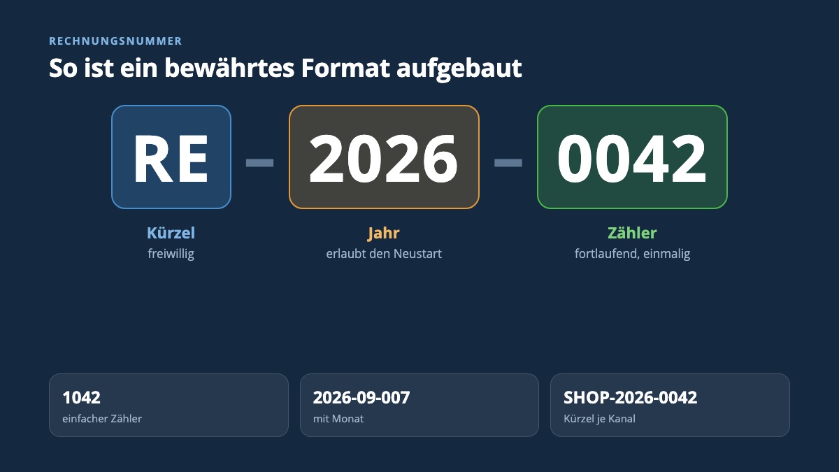 Aufbau einer Rechnungsnummer aus Kürzel, Jahr und fortlaufendem Zähler, darunter drei weitere zulässige Formate