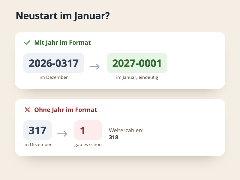 Vergleich zum Jahreswechsel: mit Jahr im Format beginnt der Zähler neu, ohne Jahr würde die Nummer 1 doppelt vergeben
