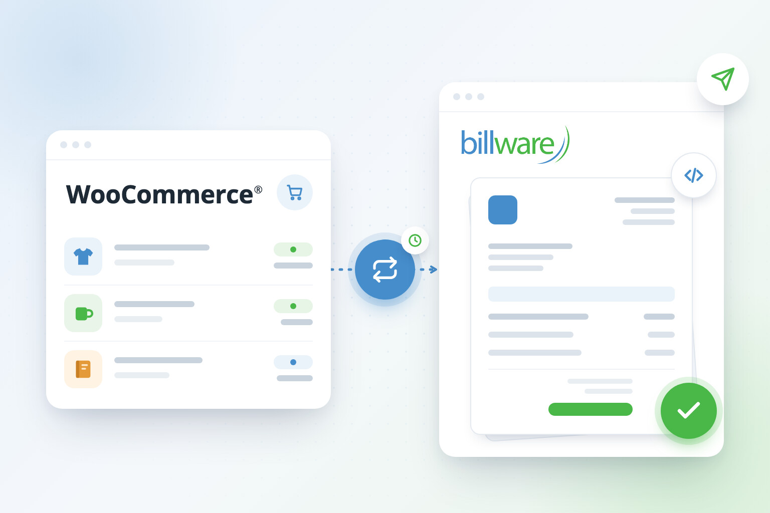 Bestellungen aus dem WooCommerce-Shop gehen per automatischem Abgleich an billware und werden dort zur Rechnung, die per E-Mail rausgeht