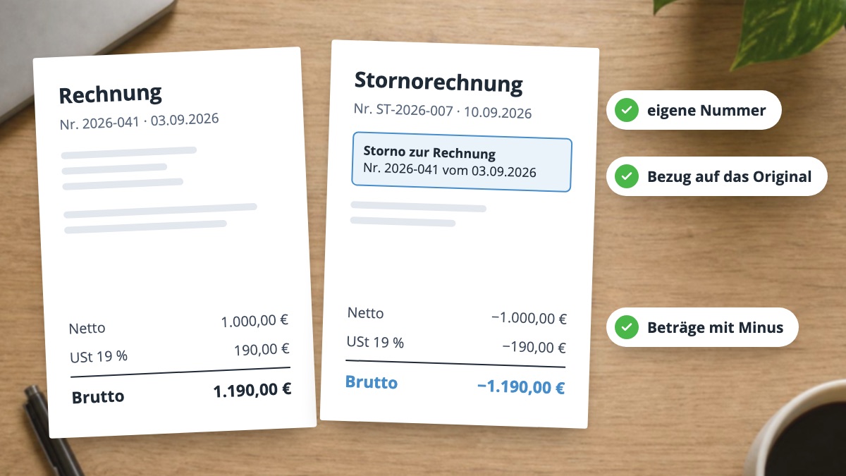 Rechnung Nr. 2026-041 über 1.190 Euro und die Stornorechnung ST-2026-007 mit Bezug auf das Original und negativen Beträgen