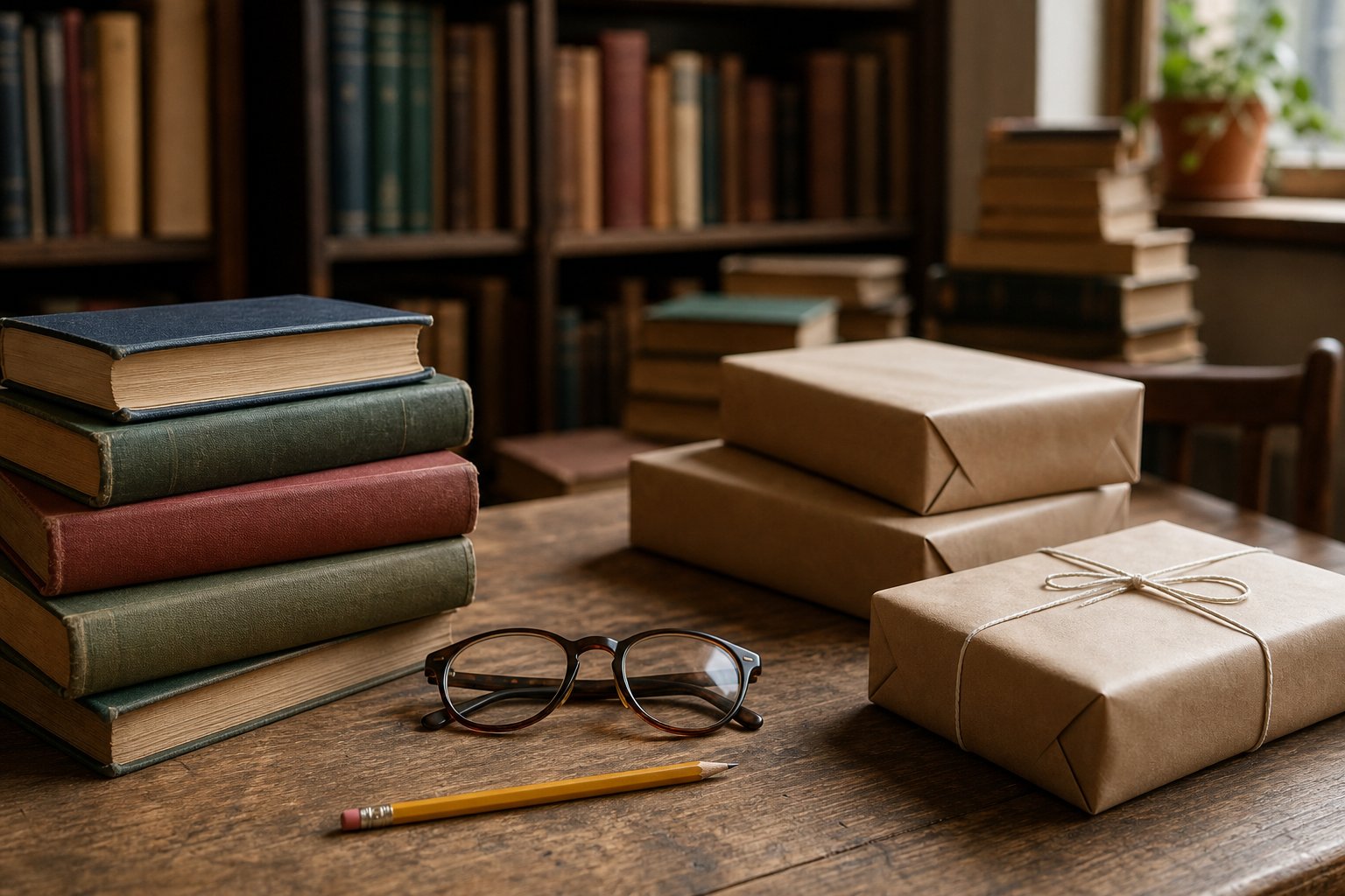 Gebrauchte Bücher, in Packpapier verpackte Sendungen und eine Lesebrille auf einem Holztisch im Antiquariat