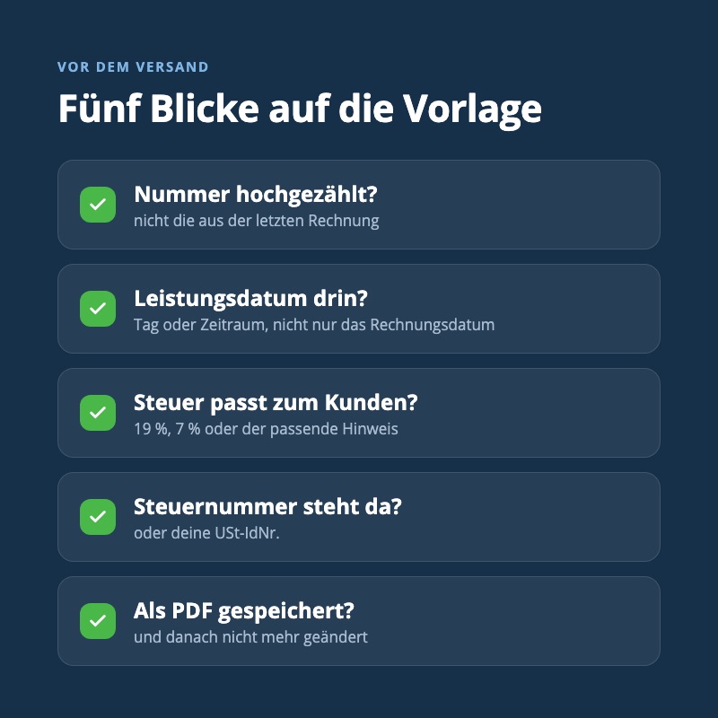 Checkliste mit fünf Punkten, die vor dem Versand einer Rechnung aus der Vorlage geprüft werden