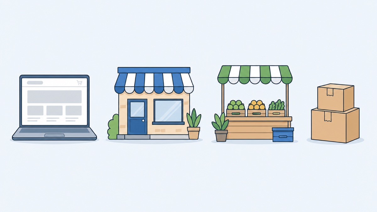 Laptop, Ladengeschäft, Marktstand und zwei Pakete nebeneinander als die Verkaufswege, für die der Hinweis gilt