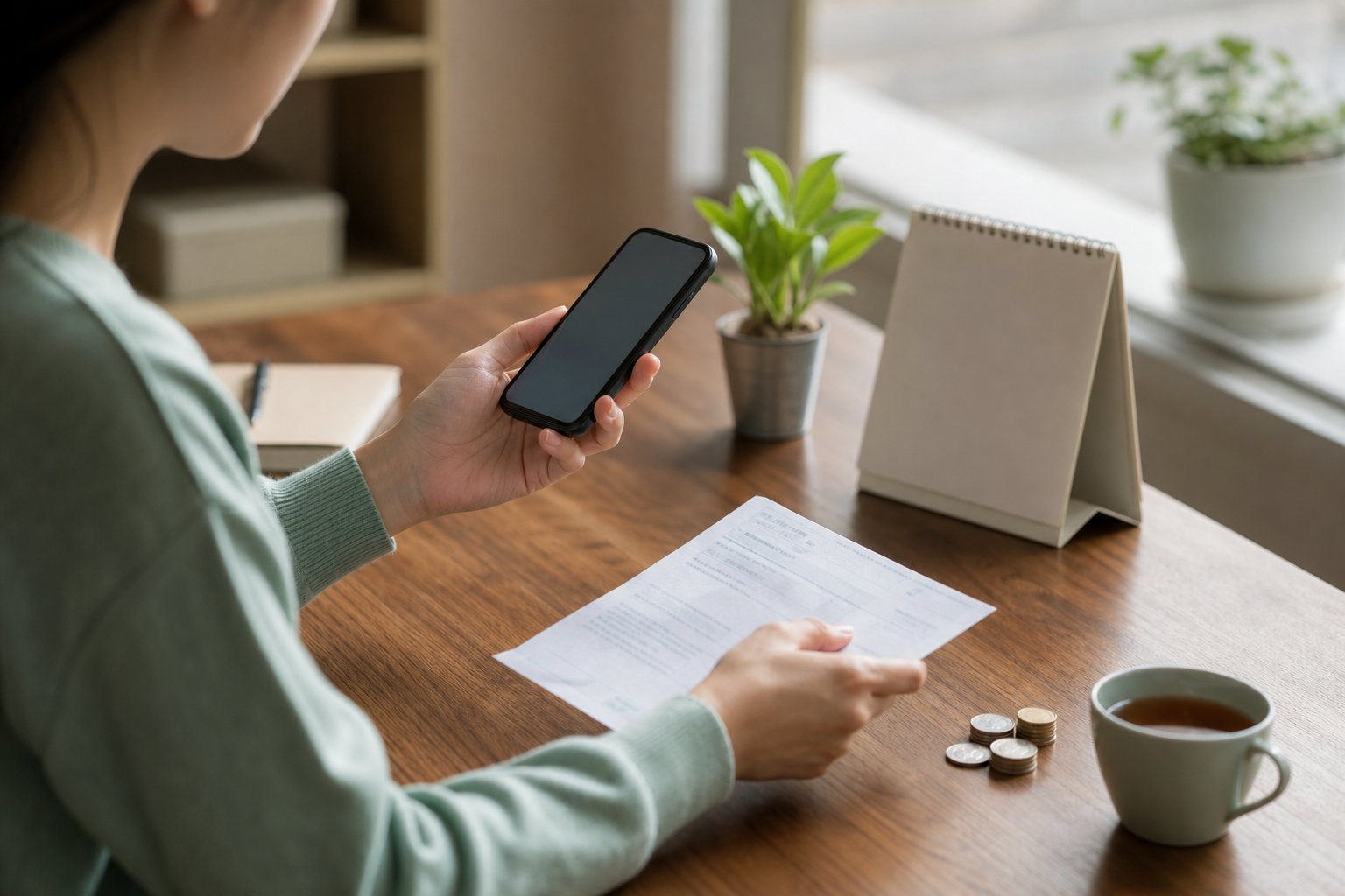 Person bezahlt eine Rechnung am Smartphone, daneben die ausgedruckte Rechnung und ein Tischkalender