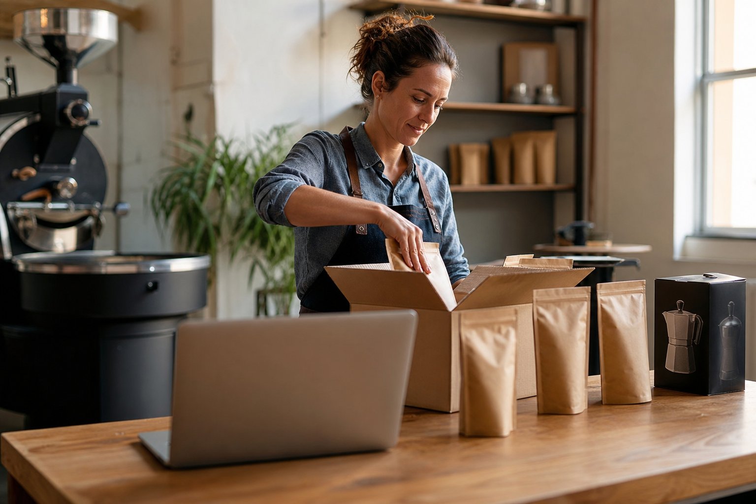 Inhaberin eines kleinen Kaffee-Onlineshops packt Bestellungen am Packtisch mit Laptop